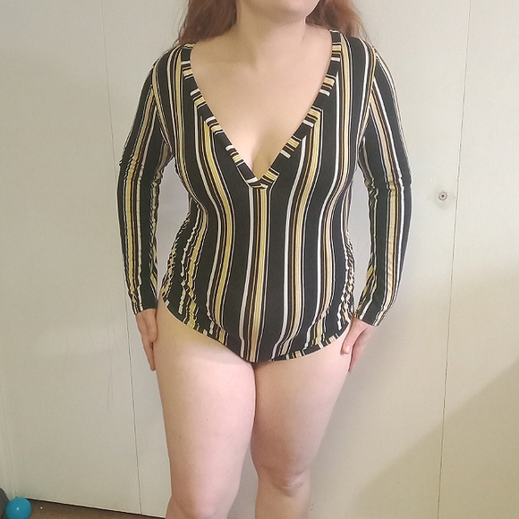 Women's stripped body suit black and yellow+ white striped bodysuit - Picture 1 of 2